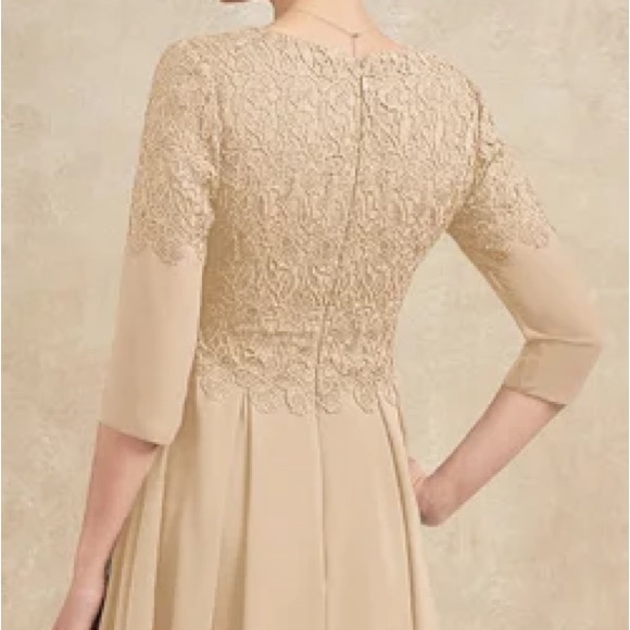 A line V Neck Tea-Length Chiffon Lace Dress With Beading Size 12 Champagne - Picture 8 of 9